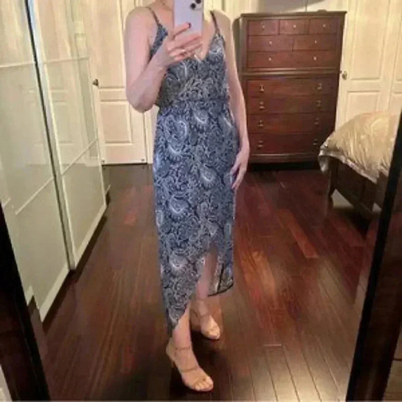 Smart Set Maxi Dress Wrap Front Sheer Flowy Hi Low Asymmetric  Blue Paisley XS - Picture 13 of 15